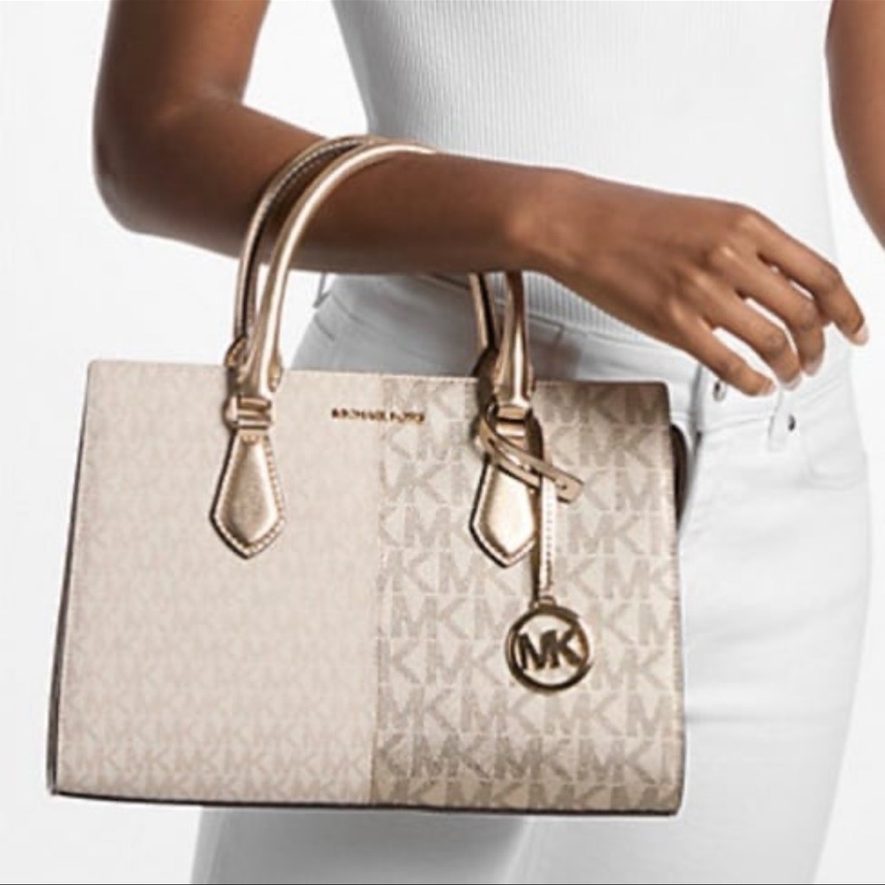 Michael Kors Sheila Md Sign Logo and Metallic Satchel Crossbody CZ
PALE GOLD NWT